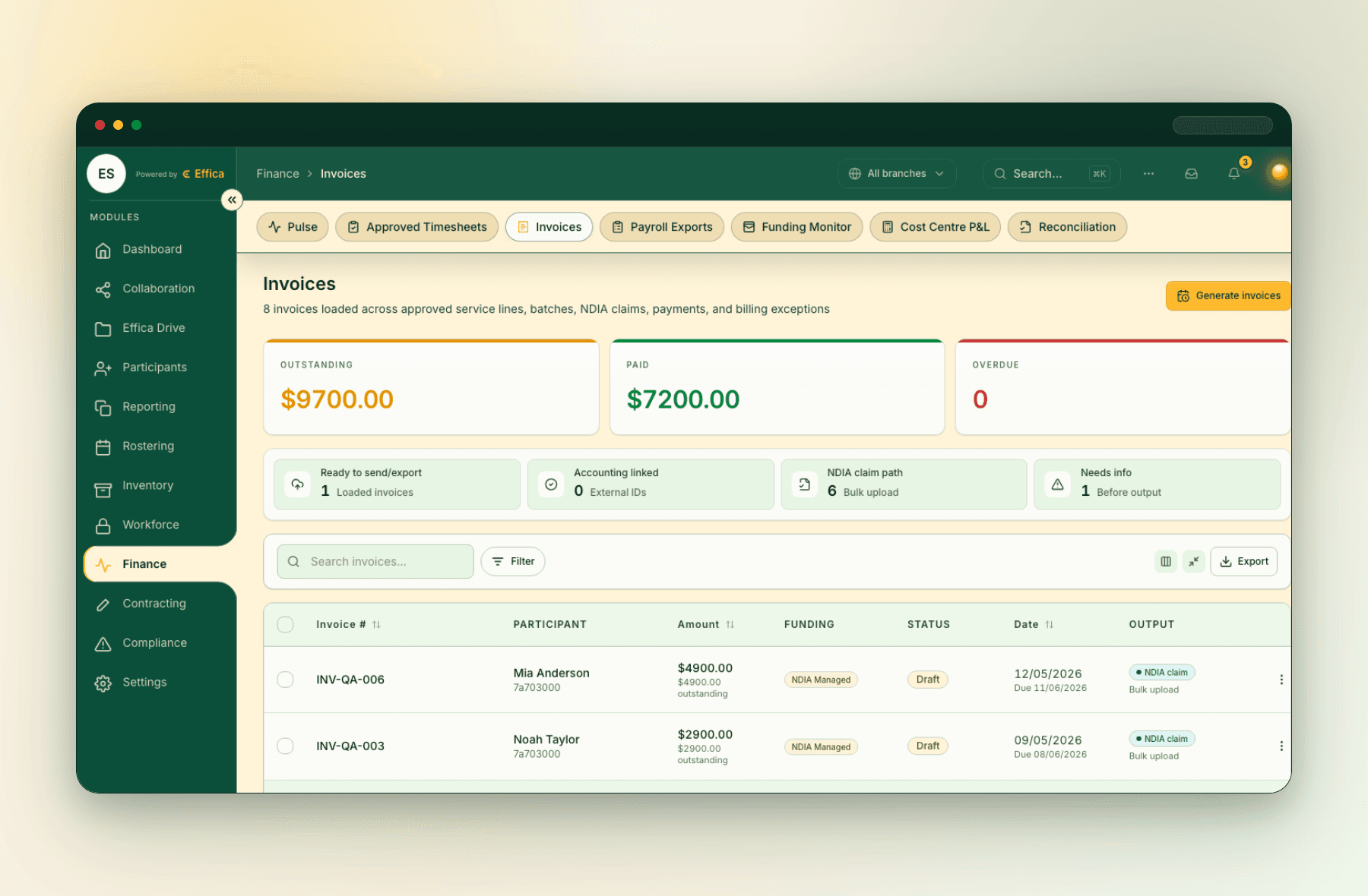 Real Effica billing and claims screen with synthetic demo invoice data