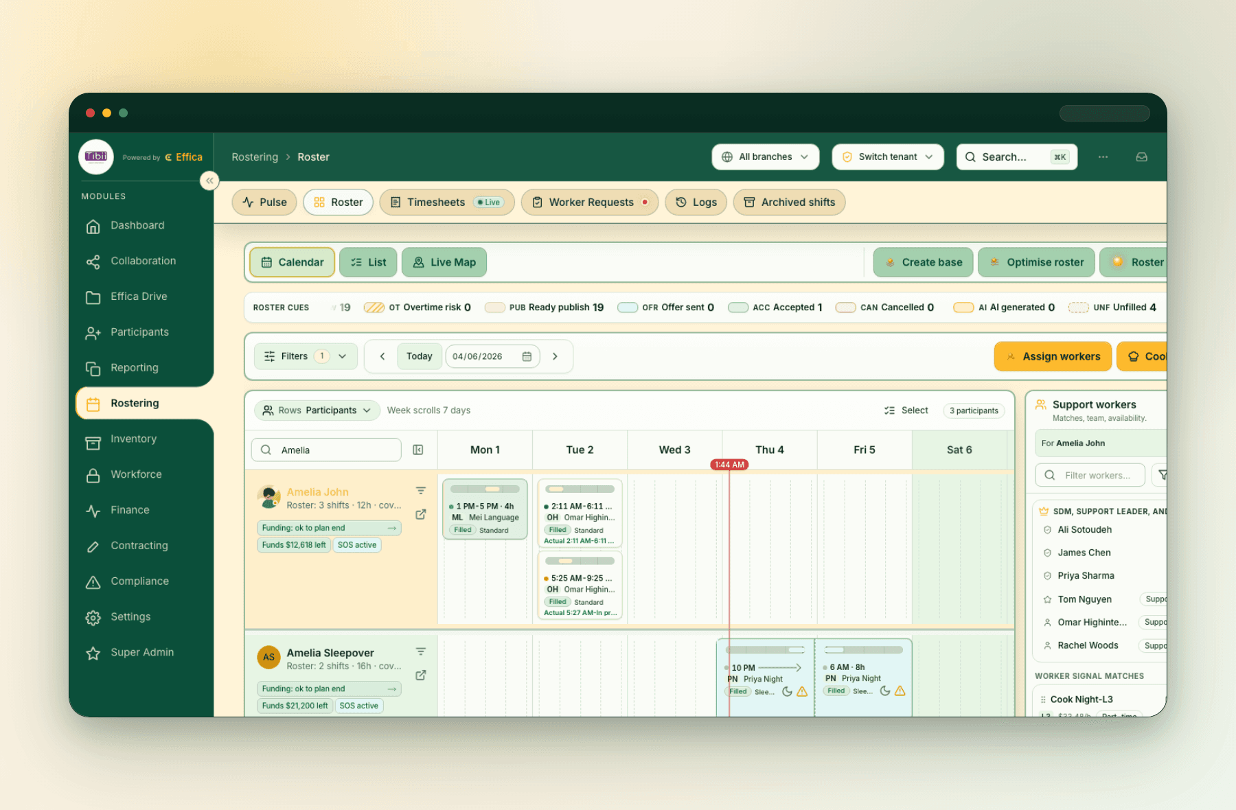 Real Effica rostering workbench screen with synthetic demo shifts