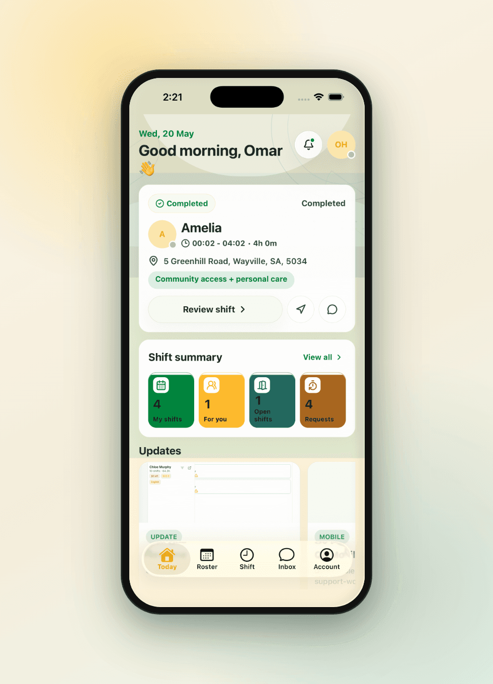 Real Effica support-worker mobile Today screen with synthetic demo shift data