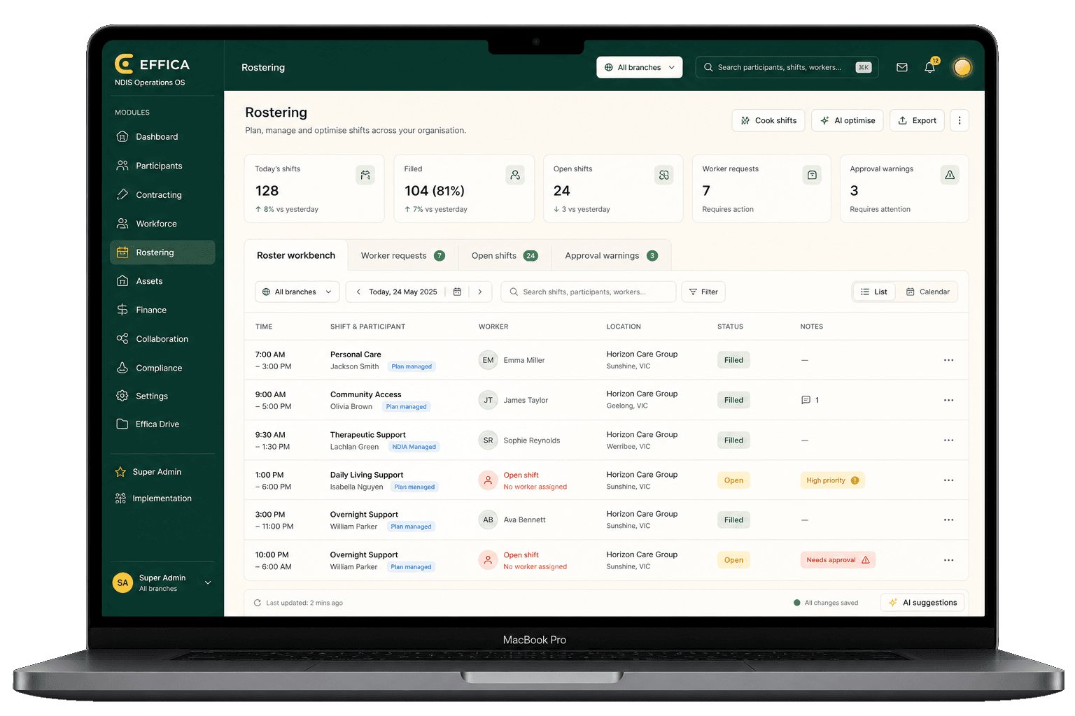 Effica rostering workbench showing provider roster operations
