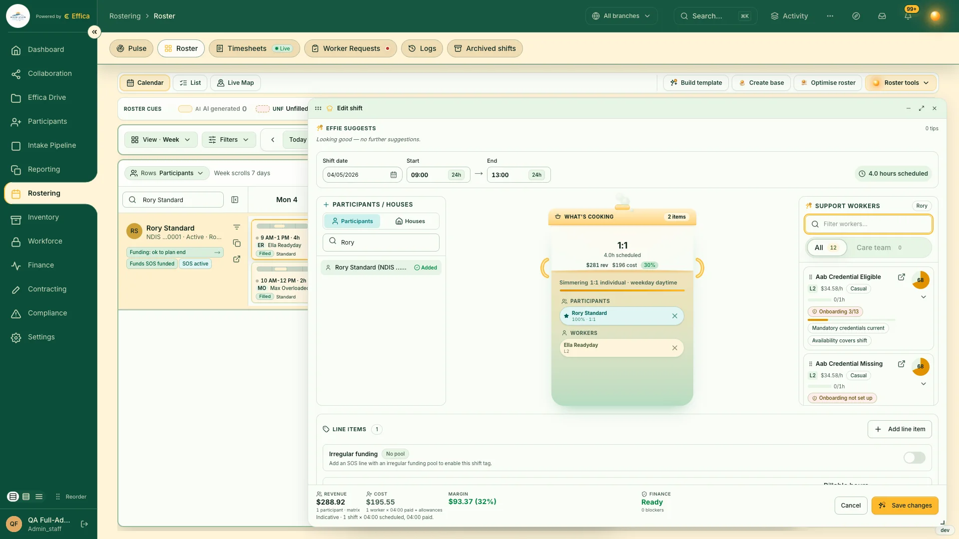 Real Effica Edit shift screen showing Rory Standard, Ella Readyday, support item context and finance readiness