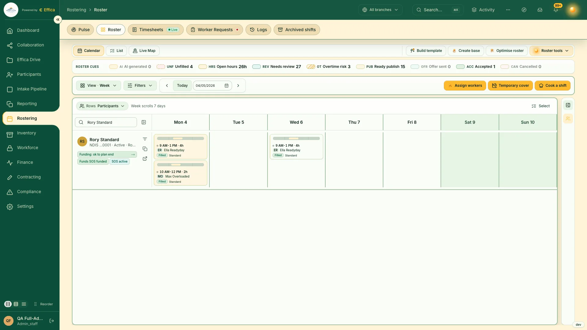 Real Effica roster workspace showing Rory Standard, assigned support workers, funding cues and a weekly roster