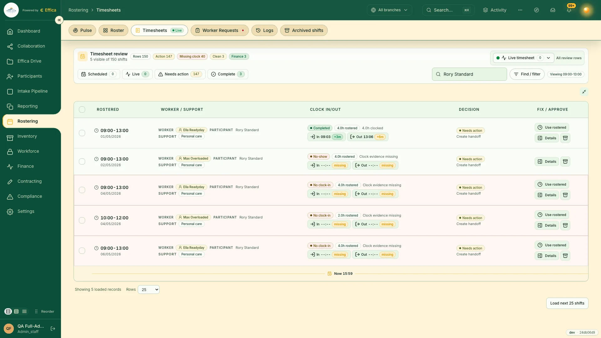 Real Effica timesheet review showing Rory Standard shifts, clock evidence, exceptions and handoff actions