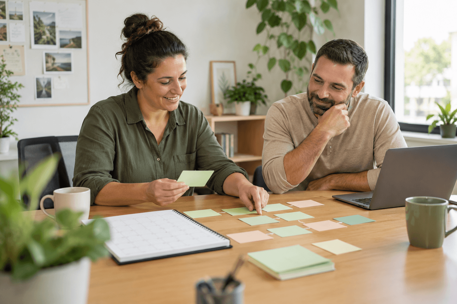 Two provider team members reviewing blank colour-coded pathway cards at a desk