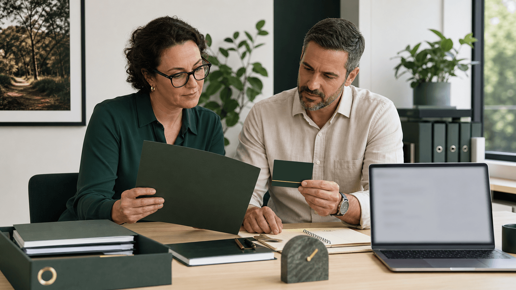 Provider operations and finance staff cross-checking an organised service folder before claim review