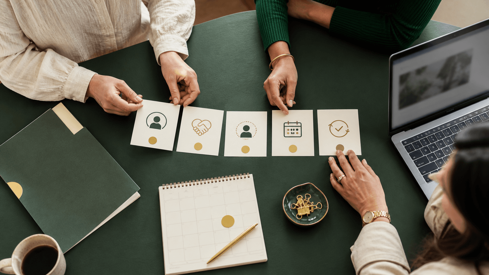 Provider team arranging a text-free relationship-request sequence with role and date cues