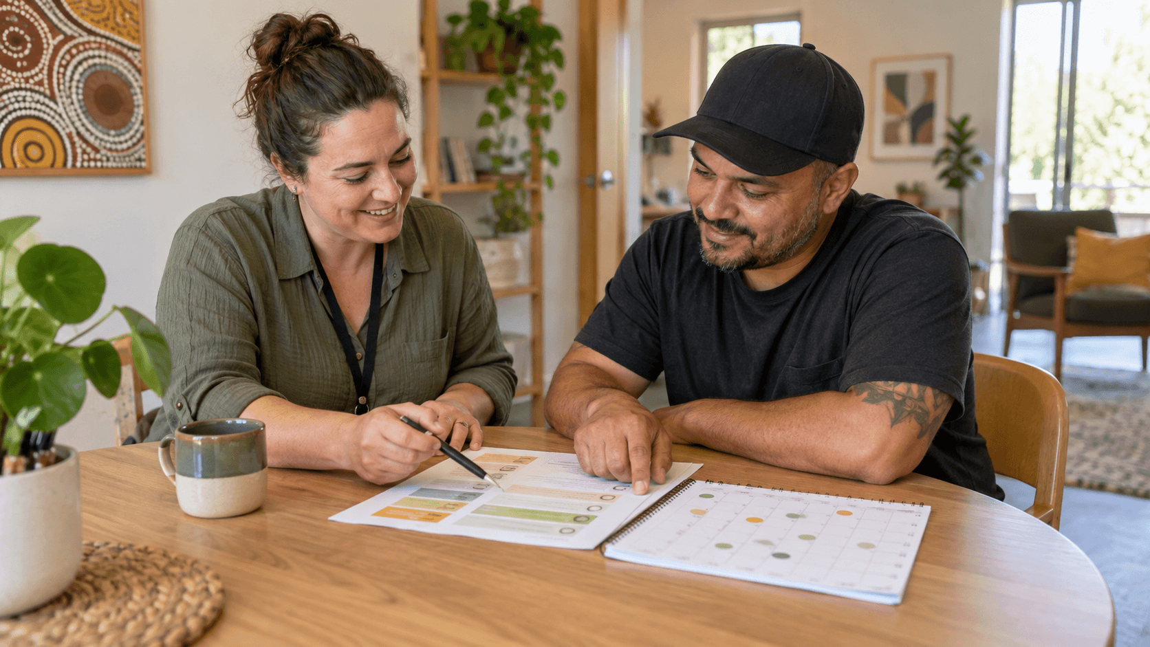 Provider coordinator and participant collaboratively reviewing an abstract planning sheet and calendar at a table