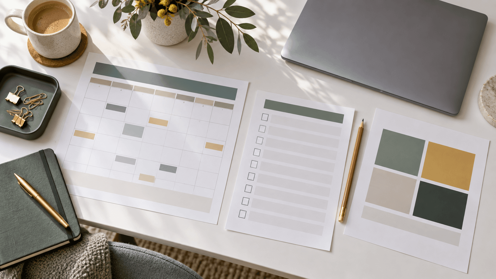 Overhead view of an abstract calendar, blank review checklist and colour-block planning sheet on a tidy desk